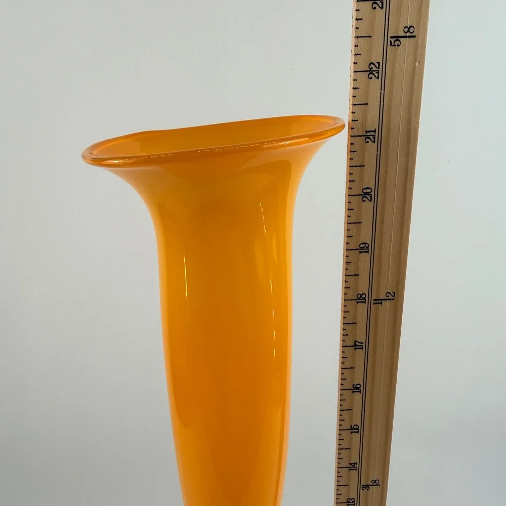 Willsea | O'Brien Orange Art Glass Trumpet Vase Signed Clear Crystal Base